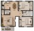 Modern 2D floor plan showcasing 2 bedrooms, open living and dining area, efficient kitchen, half bath, and full bath with tub/shower, plus inviting patio space.