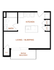 Compact studio floor plan featuring an open-concept kitchen, living/sleeping area, and a cozy patio/balcony.