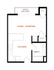 Modern studio floor plan with spacious living and sleeping area, fully equipped kitchen, and inviting patio balcony.