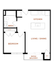 Modern one-bedroom apartment floor plan featuring a kitchen, open living and dining area, bathroom, and a private patio/balcony.