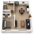 Modern 3D floor plan showcasing a cozy one-bedroom apartment with an open-concept kitchen, dining area, and spacious living room.