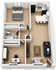 Modern 3D floor plan featuring a spacious 1-bedroom apartment with an open-concept kitchen, cozy living area, and a stylish office space.