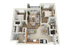 Charming 3D floor plan showcasing 2 cozy bedrooms, inviting living room, modern kitchen with breakfast bar, and 2 elegant bathrooms.