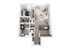 Bright and modern apartment floor plan featuring 1 bedroom, a sleek bathroom, an open living area with stylish furniture, and a kitchen with an island and bar seating.