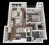 Modern 3D apartment floor plan with spacious living room, cozy bedroom, stylish kitchen, and elegant bathroom layout.
