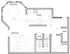 Chic floor plan showcasing open dining and kitchen areas, spacious living room, and ample closet space.