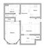 Chic floor plan showcasing a spacious one-bedroom apartment with a modern kitchen, dynamic dining area, inviting living room, and relaxing patio.