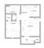 Inviting 1 bedroom floor plan showcasing a spacious 1-bedroom apartment with a cozy living room, modern kitchen, dining area, and private patio.