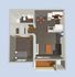 Modern 3D floor plan showcasing 1 bedroom, an open kitchen with dining area, cozy living room, and a convenient bathroom layout.