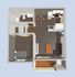 Modern 3D floor plan showcasing a cozy one-bedroom apartment with an open kitchen, inviting living area, and well-organized bathroom.