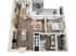 Modern 3D apartment floor plan featuring a spacious kitchen with an island, cozy living area, one bedroom, and an inviting balcony space.