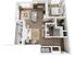 Charming open-concept floor plan featuring a spacious living area, modern kitchen with island, cozy bedroom, and elegant bathroom with walk-in closet.