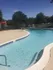 Community pool looking out towards the parking lot and trees nearby.