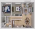 Inviting 3D floor plan highlighting two cozy bedrooms, elegant open-concept living and dining area, plus a stylishly equipped kitchen.