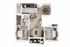 Modern floor plan showcasing two elegant bedrooms, a contemporary open kitchen, stylish living area, and inviting dining space.