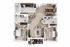 Bright and modern apartment floor plan featuring two bedrooms, an open-concept living and dining area, a sleek kitchen, and two stylish bathrooms.