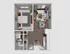 Contemporary 3D floor plan showcasing a cozy one-bedroom apartment with a modern open-concept living area and stylish kitchen.