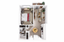 Contemporary one-bedroom apartment floor plan featuring an open living area, modern kitchen, stylish bathroom, and cozy balcony.