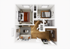 Modern 3D apartment floor plan featuring 2 cozy bedrooms, an elegant living room, a contemporary kitchen, and a sleek bathroom with wood flooring accents.