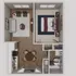 Chic apartment floor plan showcasing a cozy bedroom, stylish living area, modern kitchen, and elegant bathroom, perfect for urban living.