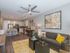 Ridgelake, interior, open concept living room, dining room, kitchen, yellow accents, ceiling fan