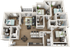 Inviting 3D floor plan showcasing a modern apartment with 3 bedrooms, 2 bathrooms, a cozy living room, and a sleek kitchen with breakfast bar.