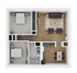 Modern 2D floor plan showcasing 2 bedrooms, a cozy living area, and a functional kitchen layout.