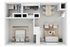 Modern 2D floor plan showcasing one-bedroom apartment with a spacious living room, stylish kitchen, and cozy dining area.