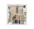 The 1 bedroom 1 bathroom dinkydome floorplan ranges from 600-643 sq. ft.