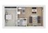Elegant 1-bedroom apartment floor plan with open-concept living and dining area, modern kitchen, and compact bathroom.