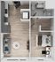 Modern apartment layout showcasing an open-concept kitchen and living area, adjoining a cozy bedroom with an integrated workspace and a chic bathroom.