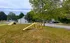 Inviting grassy dog park with agility structures, surrounded by trees and a quaint neighborhood backdrop.