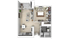Modern 3D floor plan showcasing a cozy one-bedroom apartment with open-concept living area, stylish kitchen, and private balcony.