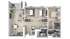 Modern 3D apartment floor plan with two cozy bedrooms, elegant open-concept living and dining area, spacious kitchen, and inviting outdoor patio.