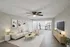 Contemporary living room with a cozy beige sofa, elegant armchair, and open-concept kitchen. Features modern lighting, sleek wooden furniture, and stylish decor accents.