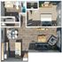 Efficient floor plan showcasing one bedroom, a modern kitchen, a dining area, and a spacious living room.