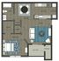 Elegant floor plan showcasing a single bedroom, spacious living area, modern kitchen, and private balcony.