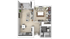 Modern apartment floor plan showcasing a spacious one-bedroom layout with open living area, kitchen, private balcony, and well-appointed bathroom.