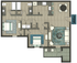 Contemporary open-concept floor plan featuring 2 elegant bedrooms, 2 modern bathrooms, and a welcoming living area with sleek kitchen design.