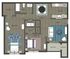 Modern floor plan with two bedrooms, open living and dining area, spacious kitchen, and balcony with storage.