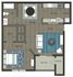 Contemporary 1-bedroom floor plan featuring open dining and living areas, a modern kitchen, and private balcony.