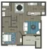 Modern 2D floor plan showcasing 1 bedroom with ample closets, an integrated kitchen and living area, stylish dining space, and a balcony with storage.
