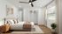 Elegant bedroom interior with a plush bed, minimalistic wooden side table, and abundant natural light from large windows, creating a cozy and inviting atmosphere.