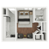 Chic apartment layout showcasing a cozy bedroom, modern kitchen, and an elegant bathroom, perfect for urban living.