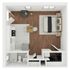 Modern apartment floor plan showcasing a cozy bedroom, compact living area, functional kitchen, and stylish bathroom.