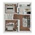 Inviting 3D floor plan featuring a modern 2-bedroom apartment with an open kitchen and cozy living room.