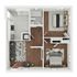 Charming 3D floor plan featuring two cozy bedrooms, a modern kitchen, elegant living area, and a sleek bathroom.