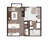 Contemporary 1-bedroom floor plan featuring a spacious patio, open living area, modern kitchen with island seating, and convenient in-unit laundry.