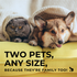 Adorable cat and dog cozily snuggled under a blanket, showcasing pet-friendly living with the slogan 'Two pets, any size, because they're family too!' on a vibrant yellow couch.