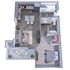 Modern 3D floor plan showcasing a chic 1-bedroom apartment with an open-concept living area, gourmet kitchen, and private balcony.